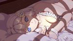  azur_lane bangs bed bikini blue_eyes breast_squeeze breasts cleavage collarbone eyebrows_visible_through_hair frilled_bikini_top frills hair_ornament hair_ribbon highres illustrious_(azur_lane) large_breasts long_hair looking_at_viewer lying on_bed on_side pillow ribbon sidelocks smile solo swimsuit tress_ribbon upper_body white_hair ye_fn 