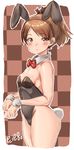  animal_ears artist_name black_leotard bow bowtie breasts brown_background brown_eyes brown_hair bunny_ears bunny_tail bunnysuit checkered checkered_background cowboy_shot detached_collar kantai_collection leotard nyantiu ponytail red_bow red_neckwear shikinami_(kantai_collection) short_hair small_breasts solo strapless strapless_leotard tail wrist_cuffs 