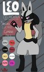  2017 absurd_res anthro aurapup english_text fur grey_fur hi_res leo_delinquous lucario model_sheet nintendo pawpads pok&eacute;mon purple_eyes simple_background solo standing text video_games 