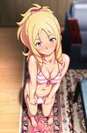  1girl bare_arms bare_legs barefoot blonde_hair blush bow breasts chair clitoris closed_mouth collarbone drill_hair eromanga_sensei feet female floor from_above front-tie_bikini full_body green_eyes hair_bow indoors looking_at_viewer navel ponytail pussy rug shadow side-tie_bikini solo standing striped striped_bikini swimsuit table tan twin_drills wooden_floor yamada_elf yanagi_hirohiko 