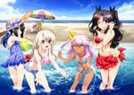  :d ;) absurdres beach beach_umbrella bikini black_hair black_ribbon blonde_hair blue_bikini blue_shorts bracelet breasts brown_eyes chloe_von_einzbern cleavage collarbone crop_top crossed_arms dark_skin day drill_hair fate/kaleid_liner_prisma_illya fate_(series) flower frilled_bikini frills grin hair_flower hair_ornament hair_ribbon hand_in_hair hat hibiscus highres illyasviel_von_einzbern jewelry large_breasts leaning_forward long_hair looking_at_viewer luviagelita_edelfelt medium_breasts miyu_edelfelt multiple_girls navel o-ring o-ring_bikini ocean one_eye_closed open_mouth outdoors pink_bikini_bottom pink_hair red_bikini_top ribbon sarong short_shorts shorts silver_hair small_breasts smile soaking_feet strapless strapless_bikini straw_hat sun_hat swimsuit toosaka_rin two_side_up umbrella ushijima_nozomi wading yellow_flower 