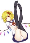  alternate_costume black_legwear blonde_hair blue_skirt bow closed_mouth feet flan_(seeyouflan) flandre_scarlet full_body hair_bow half-closed_eyes highres ke-ta_(style) legs_up looking_at_viewer miniskirt no_shoes panties pantyhose pantyhose_pull pulled_by_self red_bow red_eyes sailor_collar school_uniform serafuku short_sleeves simple_background skirt smile soles solo tareme touhou underwear white_background white_panties wings 