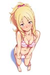  absurdres bangs bare_arms bare_legs barefoot bikini bikini_pull bikini_tan blonde_hair blush bow breasts cleavage clitoris closed_mouth collarbone covered_nipples drill_hair eromanga_sensei feet from_above front-tie_bikini front-tie_top full_body grey_eyes groin hair_bow halterneck head_tilt high_ponytail highres light_smile long_hair looking_at_viewer medium_breasts navel nose_blush parted_bangs partially_visible_vulva pink_bikini pink_bow pointy_ears ponytail pulled_by_self pussy_peek shadow shiny shiny_skin short_pointy_ears side-tie_bikini sidelocks simple_background skindentation smile solo standing string_bikini striped striped_bikini swimsuit tan tanline twin_drills undressing wedgie white_background yamada_elf yanagi_hirohiko 