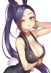 animal_ears bangs blue_hair blush bracelet breasts bunny_ears bunny_tail cleavage collar collarbone commentary_request dragon_quest dragon_quest_xi eyebrows_visible_through_hair gan_(shanimuni) heart highres jewelry large_breasts long_hair looking_at_viewer martina_(dq11) one_eye_closed ponytail purple_hair simple_background sleeveless solo tail upper_body white_background 