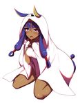  animal_ears blush breasts cosplay dark_skin fate/grand_order fate_(series) highres jackal_ears kuroshiro_(ms-2420) long_hair looking_at_viewer medium_breasts medjed medjed_(cosplay) nitocris_(fate/grand_order) nitocris_(swimsuit_assassin)_(fate) open_mouth purple_eyes purple_hair simple_background sitting solo sweatdrop thighs very_long_hair wariza wavy_mouth 