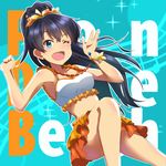  ;d black_hair blue_background blue_eyes bracelet breasts crop_top fang ganaha_hibiki hair_ornament high_ponytail idolmaster idolmaster_(classic) idolmaster_one_for_all jewelry lieass long_hair medium_breasts midriff miniskirt necklace one_eye_closed open_mouth orange_skirt shiny shiny_skin skirt smile solo stomach very_long_hair 