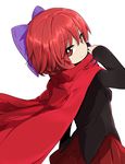  bangs bow breasts brown_eyes cape closed_mouth cowboy_shot eyebrows_visible_through_hair from_behind hair_between_eyes hair_bow hand_up highres long_sleeves looking_at_viewer looking_back medium_breasts pleated_skirt purple_bow red_cape red_hair red_skirt sekibanki short_hair simple_background skirt smile solo touhou tyouseki white_background 