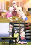  5girls absurdres apron arm_support black_apron black_hair black_legwear black_shorts blonde_hair blue_skirt bow braid brown_bow chloe_von_einzbern covering_mouth eyebrows_visible_through_hair fang fate/kaleid_liner_prisma_illya fate_(series) food fujoshi glasses green_eyes hair_between_eyes hair_bow hair_ornament hand_on_another's_head hand_over_own_mouth heart heart-shaped_pupils highres illyasviel_von_einzbern indoors katsura_mimi kneehighs kurihara_suzuka leaning_forward leysritt long_hair miniskirt miyu_edelfelt multiple_girls no_shoes off_shoulder official_art pink_hair pink_shirt red-framed_eyewear red_eyes red_shirt sella shirt short_hair short_shorts short_sleeves shorts silver_hair sitting skirt sleeveless sleeveless_shirt smile standing steepled_fingers symbol-shaped_pupils television wavy_mouth white_legwear white_shirt yellow_shirt 