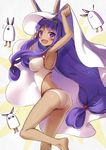  1girl :d animal_ears arms_up ass bangs bed_sheet blush breasts commentary dark_skin eyebrows_visible_through_hair facial_mark fate/grand_order fate_(series) flying_sweatdrops from_side hairband jackal_ears long_hair looking_at_viewer low-tied_long_hair medium_breasts nitocris_(fate/grand_order) nitocris_(swimsuit_assassin)_(fate) nyanya one-piece_swimsuit open_mouth purple_eyes purple_hair smile solo standing standing_on_one_leg swimsuit symbol_commentary very_long_hair white_swimsuit 