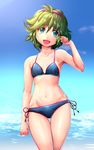  bikini blue_eyes day fire_emblem fire_emblem:_rekka_no_ken fire_emblem_heroes green_hair hairband harihisa nino_(fire_emblem) open_mouth purple_hairband short_hair side-tie_bikini sky solo swimsuit water 