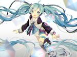  arm_up blue_bow blue_dress blue_eyes blue_footwear blue_hair bow clover_hair_ornament dress floating_hair full_body hair_ornament hatsune_miku komadori_ui long_hair magical_mirai_(vocaloid) pantyhose pinafore_dress shirt shoes solo twintails vocaloid white_legwear white_shirt 