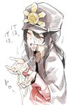  black_hair closed_eyes cum cum_in_hands cum_in_mouth facial fate/grand_order fate_(series) finger_in_another's_mouth hat highres implied_yaoi long_hair muchi_maro oda_nobukatsu_(fate/grand_order) peaked_cap solo_focus white_background 