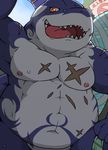  2017 belly clothing fish fupa implied_nudity male marine musclegut orange_eyes overweight scar shark slit_pupils speedo swimsuit tattoo teeth tokyo_afterschool_summoners tongue typhon undressing waniharu 