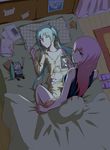  absurdres bed bedroom black_shirt blue_eyes breasts cellphone cleavage closed_eyes collarbone eyebrows_visible_through_hair from_above girl_on_top green_hair groin hachune_miku hatsune_miku highres holding holding_phone indoors long_hair looking_at_viewer looking_back lying megurine_luka multiple_girls nejikyuu night on_back open_clothes open_shirt orange_shorts pajamas panties pants pants_pull phone pillow pink_hair shirt short_shorts shorts sleeping small_breasts smartphone spring_onion twintails underwear vocaloid white_panties yellow_pants yellow_shirt 