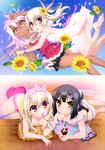  absurdres ass barefoot black_hair black_skirt blush breasts chloe_von_einzbern cleavage collarbone dark_skin dress eating fate/kaleid_liner_prisma_illya fate_(series) feathers floating_hair flower food food_on_face frilled_pillow frills hair_feathers hair_flower hair_ornament hairband heart heart_pillow highres holding_hands ice_cream ice_cream_cone illyasviel_von_einzbern interlocked_fingers long_hair looking_at_viewer miniskirt miyu_edelfelt multiple_girls off_shoulder official_art one_side_up panties parted_lips pillow pink_feathers pink_hair pink_hairband pink_panties purple_legwear red_eyes red_shirt shirt short_dress silver_hair skirt sleeveless sleeveless_dress sleeveless_shirt small_breasts sunflower thighhighs underwear underwear_only white_dress yellow_eyes yellow_flower 