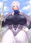  breasts broom brown_eyes cloud cloudy_sky covered_nipples day hair_over_one_eye hakai_shin hand_on_hip large_breasts long_hair looking_at_viewer parted_lips purple_hair sky solo thick_thighs thighs 
