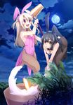  absurdres animal_ears artist_request bare_shoulders black_hair blush breasts bunny_ears bunny_tail bunnysuit covered_navel detached_collar fake_animal_ears fate/kaleid_liner_prisma_illya fate_(series) fishnet_pantyhose fishnets food full_moon hair_ornament highres illyasviel_von_einzbern kine leotard long_hair looking_at_viewer mallet miyu_edelfelt mochi mochitsuki moon multiple_girls night official_art open_mouth outdoors pantyhose red_eyes small_breasts smile strapless strapless_leotard tail teeth wagashi wrist_cuffs yellow_eyes 