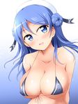  :d bikini blue_eyes blue_hair blush breasts collarbone covered_nipples deego_(omochi_bazooka) double_bun gradient gradient_background grey_bikini hat highres kantai_collection large_breasts long_hair open_mouth sailor_hat smile solo swimsuit urakaze_(kantai_collection) white_hat 