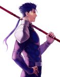  bad_id bad_pixiv_id blue_hair earrings fate/stay_night fate_(series) from_side gae_bolg hand_on_hip highres holding holding_weapon jewelry lancer long_hair male_focus neopara polearm ponytail red_eyes shoulder_armor solo spaulders spear standing weapon 