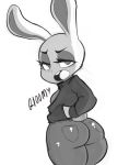  2019 anthro butt butt_pose clothed clothing disney female fur gloomyacid hands_in_pockets hi_res jacket jeans judy_hopps lagomorph looking_at_viewer mammal monochrome open_jacket open_mouth pants rabbit simple_background smile solo thick_thighs tight_clothing white_background zootopia 