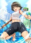  :d absurdres bangs barefoot bike_shorts black_shorts broom brown_eyes brown_hair cleaning_brush cloud cloudy_sky commentary_request day empty_pool eyebrows_visible_through_hair girls_und_panzer gym_shirt highres holding hose isobe_noriko looking_at_viewer midriff navel open_mouth outdoors pool sekai_saisoku_no_panda shirt short_hair shorts sky sleeves_rolled_up smile solo splashing standing standing_on_one_leg tied_shirt water water_drop wet wet_clothes wet_face wet_shirt 