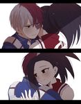  1girl black_hair blush boku_no_hero_academia hetero heterochromia hug multicolored_hair red_hair sad scar simple_background smile split_screen teaszlt todoroki_shouto two-tone_hair white_background white_hair yaoyorozu_momo 