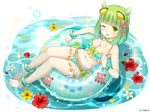  ;p animal_ears anklet aqua_bikini bangle bangs bare_arms bare_shoulders barefoot bikini bikini_skirt blue_wings blunt_bangs blush bow bracelet breasts chenowa_(monmusu_harem) cleavage collarbone company_name day dripping eyebrows_visible_through_hair flower food from_above full_body green_bow green_hair hair_ornament halter_top halterneck heart heart_hair_ornament hibiscus holding holding_food innertube jewelry light_particles looking_at_viewer low_wings medium_breasts monmusu_harem monster_girl multicolored multicolored_bikini multicolored_clothes namaru_(summer_dandy) navel neck_ring official_art one_eye_closed pale_skin petals polka_dot polka_dot_bikini popsicle red_flower see-through shiny shiny_hair short_hair sitting smile soaking_feet solo sparkle star swimsuit tentacle_hair tongue tongue_out water wet wet_hair white_background white_flower wings yellow_flower 