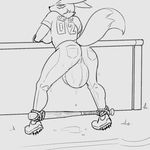  anthro baseball_bat breasts clothed clothing dickgirl digimon greyscale huge_bulge intersex looking_back monochrome renamon rope solo spreader_bar standing strikeanywhere sweat 
