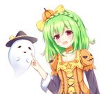  :d black_hat black_sleeves bow braid crown_braid flower_knight_girl food_themed_hair_ornament ghost green_hair hair_bow hair_ornament hat kedama_(kedama_akaza) layered_sleeves open_mouth orange_neckwear pepo_(flower_knight_girl) pumpkin_hair_ornament red_eyes short_hair smile solo upper_body white_background witch_hat yellow_bow 