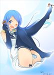  4girls blue_eyes blue_hair character_request dated female giantess kantai_collection long_gloves matching_hair/eyes multiple_girls no_shoes noneto one_eye_closed open_mouth samidare_(kantai_collection) thighhighs 