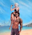  1girl abs aranea_highwind beach bikini carrying_over_shoulder day eyewear_removed final_fantasy final_fantasy_xv gladiolus_amicitia jewelry necklace scar shorts smile sunglasses swimsuit tattoo 