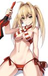  ahoge bikini bracelet breasts closed_mouth collarbone criss-cross_halter fate/grand_order fate_(series) green_eyes hair_intakes halterneck jewelry navel nero_claudius_(fate)_(all) nero_claudius_(swimsuit_caster)_(fate) sandals shiseki_hirame side-tie_bikini sitting smile solo swimsuit sword twintails wariza weapon 