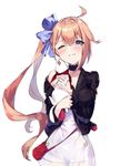  ;3 animal bangs blonde_hair blue_bow blue_eyes blush bow closed_mouth commentary_request dress eyebrows_visible_through_hair fal_(girls_frontline) ferret ginon_(sjyh3466) girls_frontline hair_between_eyes hair_bow highres holding holding_animal jacket long_hair looking_at_viewer one_eye_closed open_clothes open_jacket side_ponytail sidelocks simple_background smile solo very_long_hair white_background white_dress 