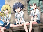  anchovy anzio_school_uniform bangs black_hair black_ribbon black_skirt blonde_hair braid brown_eyes carpaccio closed_mouth cloud cloudy_sky commentary_request day dress_shirt drill_hair emblem eyebrows_visible_through_hair fan food food_in_mouth girls_und_panzer green_eyes green_hair hair_ribbon holding ice indian_style kakizaki_(chou_neji) long_hair looking_at_viewer miniskirt mouth_hold multiple_girls on_head open_mouth outdoors paper_fan pepperoni_(girls_und_panzer) pleated_skirt popsicle red_eyes ribbon school_uniform shirt short_hair side_braid sitting skirt sky smile summer_uniform sweat twin_drills twintails v_arms white_shirt 
