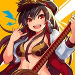  black_hair black_hat blush breasts cleavage collarbone eyebrows_visible_through_hair fate/grand_order fate_(series) hat headphones headphones_around_neck holding holding_instrument instrument instrument_request large_breasts long_hair long_sleeves looking_at_viewer oda_nobunaga_(fate) oda_nobunaga_(swimsuit_berserker)_(fate) open_mouth red_eyes smile solo teeth tgh326 upper_body 