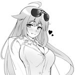  ahoge aviator_sunglasses blush breasts eyewear_on_head gayprince_no.2 girls_frontline greyscale grin hair_flaps heart large_breasts long_hair looking_at_viewer m1918_bar_(girls_frontline) military military_uniform monochrome necktie nose_blush smile solo sunglasses uniform upper_body white_background 