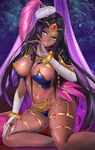  absurdres black_hair breasts circlet cleavage commentary_request dark_skin fate/grand_order fate_(series) forehead_jewel green_eyes hat highres jewelry large_breasts long_hair looking_at_viewer navel ring scheherazade_(fate/grand_order) smile solo thigh_strap thumb_ring ytoy 