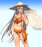  bare_shoulders collarbone cowboy_shot front-tie_bikini front-tie_top gradient gradient_background hat holding kuuro_kuro long_hair looking_at_viewer midriff navel original parted_lips purple_eyes sarong silver_hair solo straw_hat swimsuit 