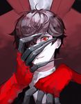  amamiya_ren arsene_(persona_5) black_hair claws hand_on_another's_face looking_at_viewer male_focus no_eyewear one_eye_covered parted_lips persona persona_5 red_eyes slit_pupils smile totu tuxedo 