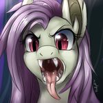  2015 bat_pony equine fangs female flutterbat_(mlp) fluttershy_(mlp) friendship_is_magic fur gaping_mouth hair hi_res horse hybrid looking_at_viewer mammal mouth_shot my_little_pony nummynumz open_mouth pink_hair red_eyes sharp_teeth slit_pupils solo teeth tongue tongue_out yellow_fur 