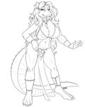  anthro big_breasts breasts clothing crocodile crocodilian female fenrir_lunaris greyscale loincloth monochrome nipple_bulge reptile scalie solo wide_hips 