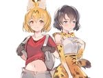  animal_ears backpack bag bare_shoulders black_gloves black_hair blonde_hair blue_eyes blush bow bowtie collarbone commentary_request cosplay costume_switch elbow_gloves gloves hand_on_own_chest high-waist_skirt kaban_(kemono_friends) kaban_(kemono_friends)_(cosplay) kemono_friends looking_at_viewer midriff multiple_girls navel no_hat no_headwear pants pepeto_(cocoyuzumugi) print_gloves print_neckwear print_skirt red_shirt serval_(kemono_friends) serval_(kemono_friends)_(cosplay) serval_ears serval_print serval_tail shirt short_hair skirt sleeveless sleeveless_shirt smile sweatdrop tail white_shirt yellow_eyes 