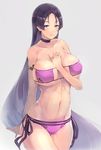  armlet bangs bare_shoulders bikini blush breasts choker collarbone commentary cowboy_shot eyepatch_bikini fate/grand_order fate_(series) grey_background half-closed_eyes hand_on_own_chest hips huge_breasts long_hair looking_at_viewer minamoto_no_raikou_(fate/grand_order) minamoto_no_raikou_(swimsuit_lancer)_(fate) navel parted_bangs purple_bikini purple_eyes purple_hair side-tie_bikini side-tie_bottom simple_background smile solo sumisu_(mondo) swimsuit thighs very_long_hair 