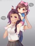  :3 age_comparison age_difference alternate_eye_color alternate_hairstyle atobesakunolove backpack bag blue_shirt bow braid breasts brown_eyes brown_hair carrying carrying_over_shoulder casual character_name child chinese_commentary collared_shirt commentary_request d.va_(overwatch) dark_skin earrings engrish eyebrows_visible_through_hair facebook_username facepaint facial_mark gradient gradient_background grey_background grey_skirt hair_bow hair_ribbon highres holding holding_hair jewelry looking_at_another medium_hair midriff mole mole_under_eye multiple_girls nail_polish open_mouth outline overwatch pants pink_bow pink_eyes pink_legwear pink_pants pleated_skirt purple_hair purple_nails ranguage ribbon shirt short_sleeves short_twintails shoulder_carry single_braid skirt small_breasts smile socks sombra_(overwatch) speech_bubble stud_earrings sweatdrop t-shirt teenage twintails upper_body v-shaped_eyebrows watermark web_address whisker_markings white_shirt younger 