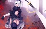  ass back_cutout black_dress blindfold cleavage_cutout covered_eyes dress feather-trimmed_sleeves highres katana leotard long_sleeves looking_back nier_(series) nier_automata parted_lips short_hair silver_hair solo sword thighhighs toniwing weapon white_leotard yorha_no._2_type_b 