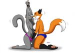  2017 anthro arms_above_head bdsm blue_eyes breasts canine cat chest_tuft clothed clothing dipstick_tail duo feline female fingering fox gloves_(marking) green_eyes hand_in_panties hand_in_underwear kneeling mammal markings multicolored_tail open_mouth open_smile panties pawpads restrained side_boob simple_background smile socks_(marking) topless tuft underwear vaginal vaginal_fingering wendel2 white_background 