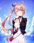  ;3 animal bangs blonde_hair blue_bow blue_eyes blush bow closed_mouth commentary_request day dress eyebrows_visible_through_hair fal_(girls_frontline) ferret fisheye ginon_(sjyh3466) girls_frontline hair_between_eyes hair_bow holding holding_animal jacket long_hair looking_at_viewer ocean one_eye_closed open_clothes open_jacket outdoors petals side_ponytail sidelocks smile solo sparkle very_long_hair white_dress 