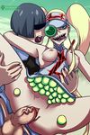  1boy 1girl ahegao areolae blonde_hair blue_eyes breasts breasts_outside clothed_sex furanh hakodate_omiko held_up kill_la_kill nipples open_mouth penis pigtail pussy saliva sex spread_legs teeth tennis_balls testicles thigh_grab thighs tongue tongue_out uncensored vaginal veins veiny_penis 