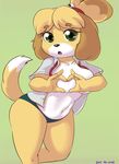 2017 absurd_res animal_crossing anthro black_nose breasts canine clothed clothing dipstick_tail dog dotted_background female green_eyes hi_res isabelle_(animal_crossing) looking_at_viewer mammal multicolored_tail navel nintendo open_mouth open_shirt panties pattern_background shih_tzu shinsuke simple_background solo underwear video_games 