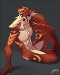  2017 abs anthro athletic blue_eyes brown_fur brown_hair brown_nose canine featureless_crotch feralise fox fur hair looking_aside male mammal markings multicolored_fur red_fur side_view simple_background sitting solo white_fur 